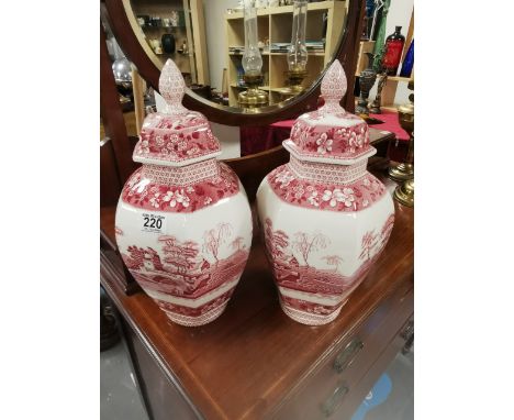 Pair of Large Spode Red &amp; Cream Pink Tower Ginger Jars Urns