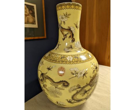 Oriental Chinese Yellow Dragon Vase w/character marks to base - 40cm high
