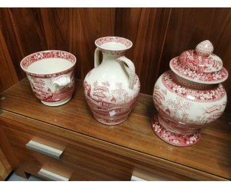 Trio of Large Spode Pink Tower Red and Cream Jars/Vases
