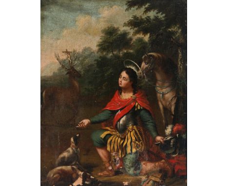 Novo-Hispanic School. 18th century."The vision of Saint Hubert"Oil on canvas.46 x 36 cm.The author, probably having seen the 