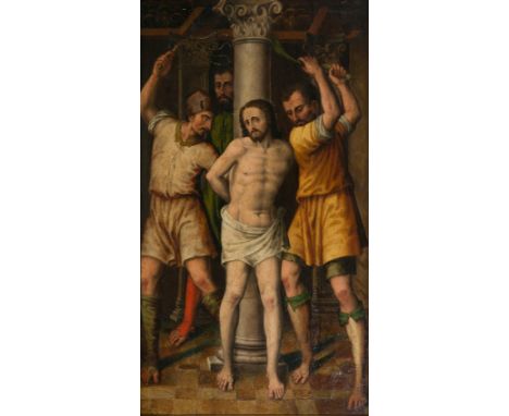 Valencian School. 16th century."The Flagellation"Oil on panel. Cradled.63 x 36 cm.