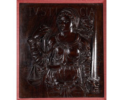 Castilian school. 16th century.‘Temperance’ and “Justice”.Pair of carved, walnut wood reliefs.&nbsp;47,5 x 42,5 cm. each.&nbs