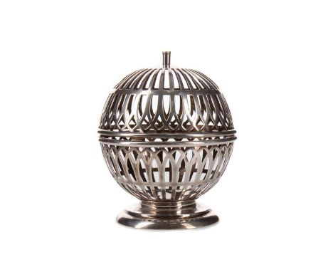 EDWARD VII PIERCED SILVER POTPOURRI,maker Haseler Brothers, Chester 1907, with hinged cover, on spreading circular foot, 10cm