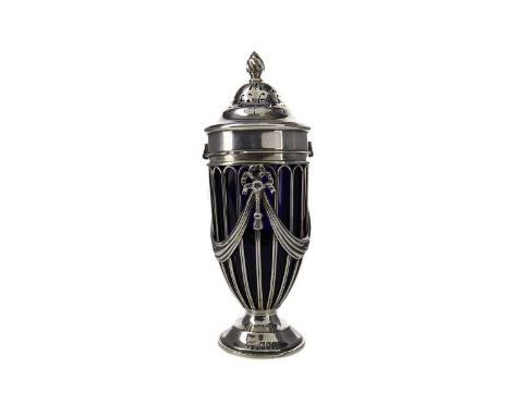 EDWARDIAN SILVER SUGAR CASTER,maker Millar Wilkinson, London 1910, of Neo-Classical urn form, the pierced cover with flame fi