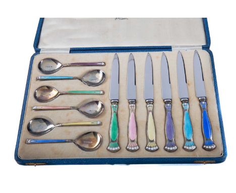 CASED SET OF GEORGE V SILVER AND GUILLOCHE ENAMEL DESSERT SPOONS AND KNIVES,maker Turner &amp; Simpson, Birmingham 1929, comp