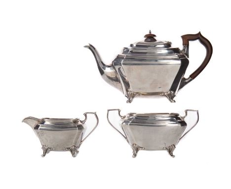 GEORGE V SILVER THREE PIECE TEA SERVICE,maker James Deakin &amp; Sons, Sheffield 1922, comprising teapot, sugar bowl and crea