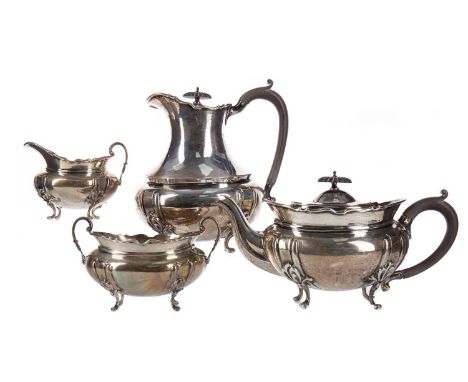 GEORGE V FOUR PIECE SILVER TEA SERVICE,maker William Aitken, Birmingham 1910, comprising teapot, hot water pot, twin handled 