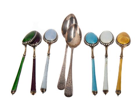 SET OF SIX NORWEGIAN SILVER GILT AND GUILLOCHE ENAMEL TEA SPOONS,stamped 925 with indistinct maker's mark, 10.7cm long, and a