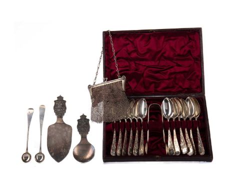 CASED SET OF VICTORIAN SILVER TEASPOONS AND SUGAR TONGS,maker S. Williams or William Sturrock, Glasgow 1883, along with a sil