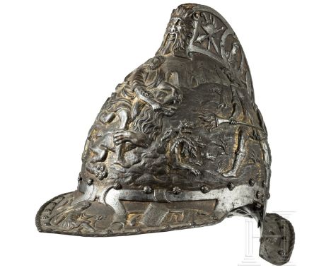 Getriebene und vergoldete Parade-Sturmhaube im Stil der Renaissance, Mailand, um 1860  Einteilig geschlagene, eiserne Kalotte