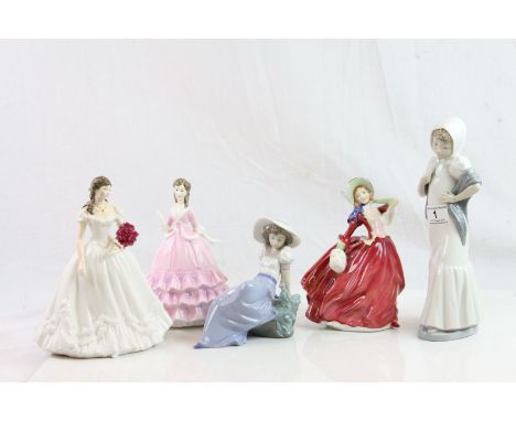 Two Nao figurines, Royal Doulton "Autumn Breezes" figurine & two Worcester figurines to include; Diane & Figuine of the Year 