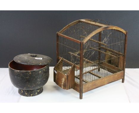 Vintage Pine & metal wire Birdcage and an Oriental Lacquered pot with lid