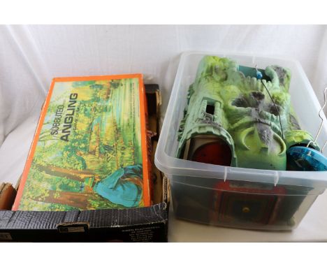 Two Trays of Mixed Vintage Games including Subbuteo Angling, Subbuteo Football, Monster House and Monsters, Tin Plate Horse R