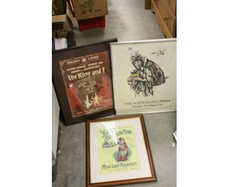 Music interest - 1980 framed Mozart poster ' The Magic Flute ' together with 2 other music hall posters