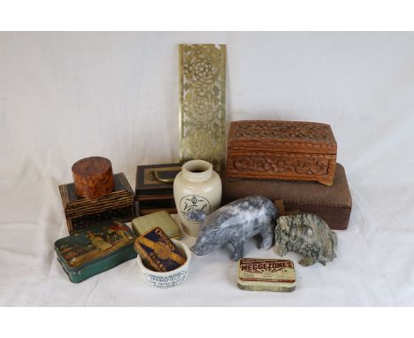 Mixed Items to include Stone Animals, Vintage Boxes, Cash Tin, etc