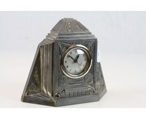 French Art Deco style "Souvenir de Lourdes" white metal Mantle clock, marked to reverse "Orfear Paris"