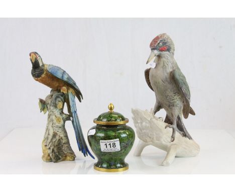 Goebel ceramic model of a Woodpecker, numbered 3801028, a ceramic model of an African Parrot and a Cloisonne Urn with lid