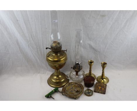 Brass Oil Lamp, another Oil Lamp, Pair of Brass Candlesticks, Icon, Pair of Bakelite Handles, etc