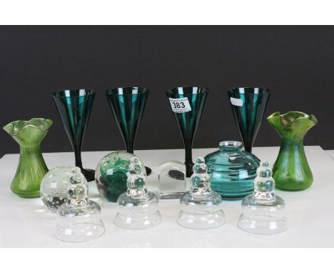 Collection of vintage glassware to include a pair of Loetz style vases, glass Paperweights and four hand blown Green Glass Go