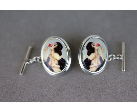 Pair of Silver and Enamel Set Cufflinks depicting a Nude Lady