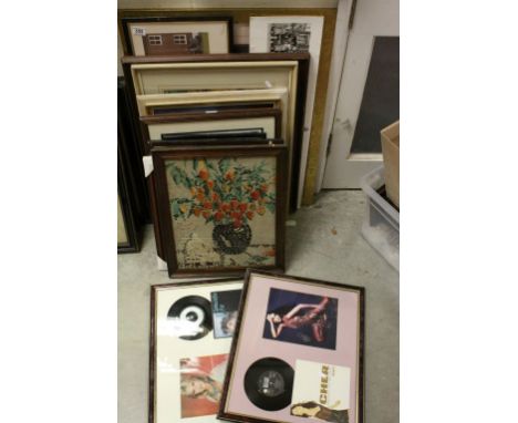 Collection of Pictures including Signed Samantha Fox Vinyl Disc and Picture Montage, Cher Vinyl Disc and Picture Montage, Arm