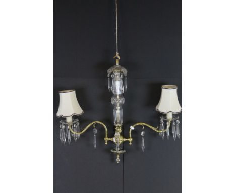 Gilt Metal and Glass Two Branch Central Light Fitting, the centre and two branches both with crystal drops together with two 