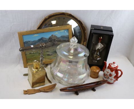 Mixed Lot including Curling Iron, Small Mirror, Brass Tea Caddy, etc