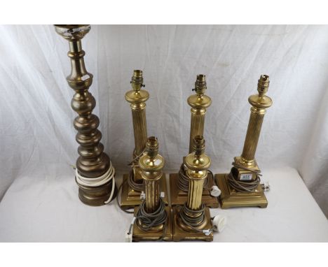 Two Pairs of Brass Corinthian Column Table Lamps, another Corinthian Column Table Lamp together with Large Brass Bobbin Style