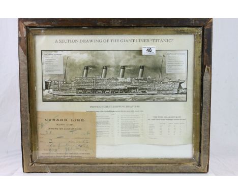 Titanic - Framed and Glazed Print of Section Drawing of the Giant Liner ' Titanic ' together with a Cunard Second Cabin Landi