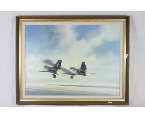 Two framed Oil on board pictures both signed Barry K Barnes to include a Lockheed Blackbird and a Rolls Royce Supermarine Spi