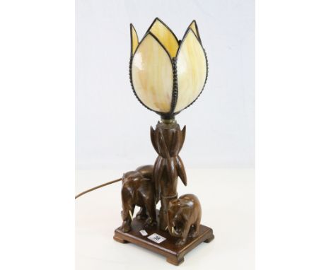 Wooden lamp with Elephant & Palm tree design with Tulip style glass shade with metal framing