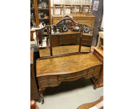 1920's / 30's Burr Walnut and Walnut Veneer Dressing Table with Triptych Mirror and raised on cabriole legs