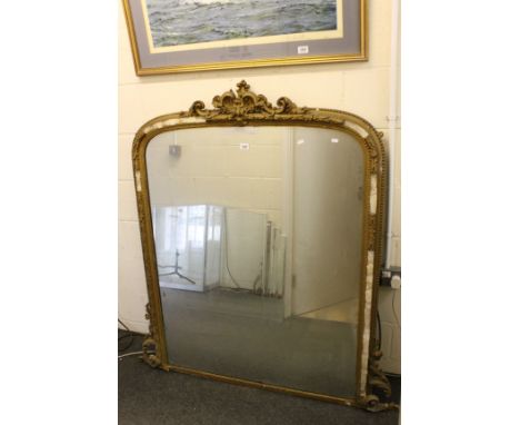 19th century Gilt and Gesso Overmantle Mirror with scroll finial (some loss to frame), 145cms high