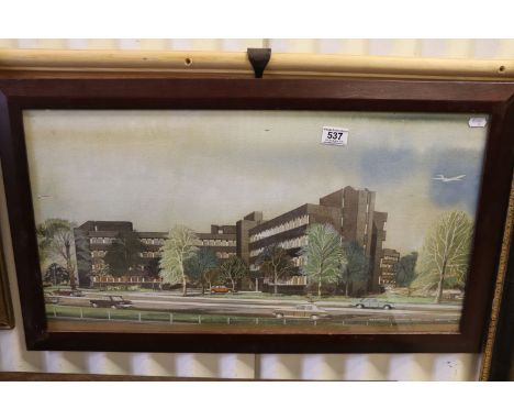 A F Gill, Watercolour 1960's Architectural View of Office Buildings with Cars in Foreground