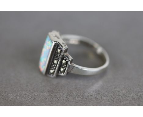 Silver Art Deco Style Opal and Marcasite Ring