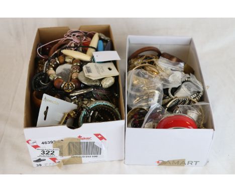 Two shoe boxes of vintage costume jewellery to include bangles, brooches, rings, necklaces, earrings, thimbles