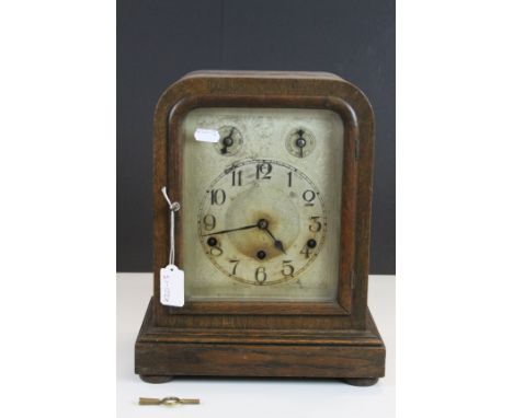 Large Vintage Wooden Cased Mantle Clock with Silvered Dial and Westminster Chimes