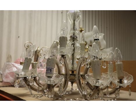 Vintage Eight Branch Glass and Crystal Drop Central Light Fitting and another Five Branch Light Fitting
