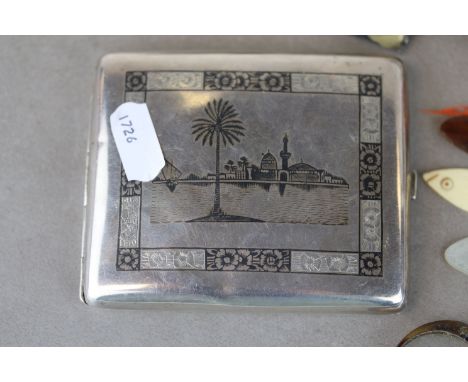 Collection of vintage items to include white metal cigarette case with oxidised Arabic scene, a vesta case, a mother-of-pearl