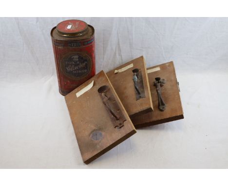 Two Antique ' Norfolk ' Latches and another Antique Latch all mounted on wooden boards together with Vintage Fox's Glacier Mi