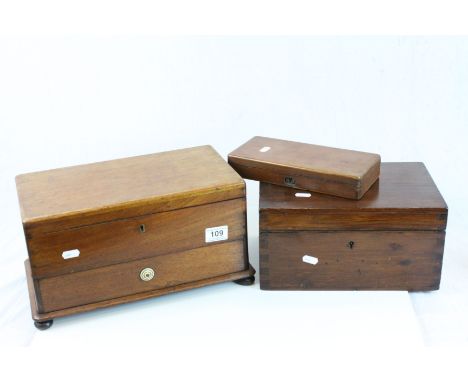 Three vintage wooden Boxes to include a 19th Century example with pull out drawer and internal compartments