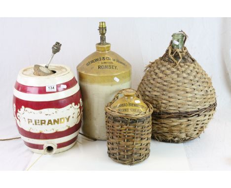 Two Stoneware Cider jugs, one for Birkenhead, the other Romsey, a ceramic Brandy Barrel & a Large Rattan covered glass Wine b