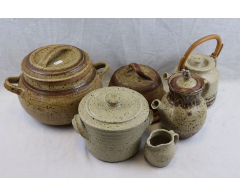 Six items of 1970's Alderney Studio Pottery including Two Lidded Tureens, Teapot, Coffee Pot, Cheese Dish and Milk Jug