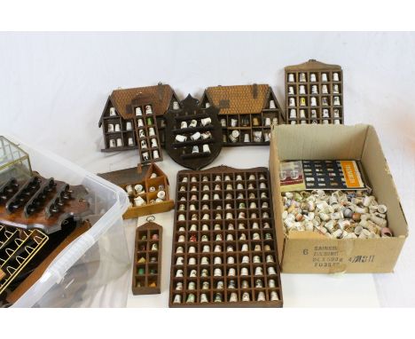 Large collection of vintage Ceramic Thimbles with Display cases and shelves etc in two boxes, approx. 511 in total