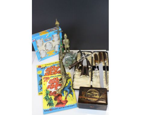 Box of mixed collectables to include a lacquered Tea Caddy, Brassware, cutlery and a bag of Marbles