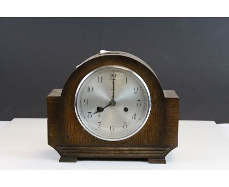 1930's / 40's Enflied ' Dupontic ' Oak Cased Mantle Clock with GWR plaque to top