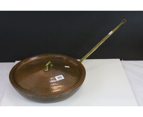 Vintage French Hammered Copper Skillet Pan with Lid and Brass Handle