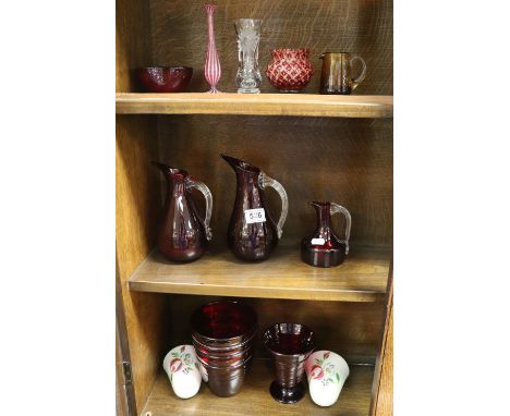 Collection of Glass including Three Whitefriars Ruby Red Jugs, Two Whitefriars Ruby Red Vases, Red Bubble Controlled Small Di