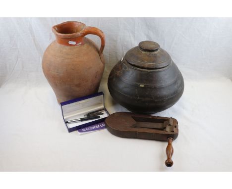 Victorian Wooden Football Rattle / Bird Scarer, Vintage Terracotta Jug and a Middle Eastern Wooden Bowl and Lid