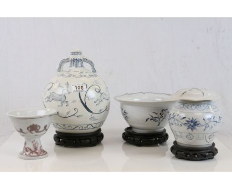 Three Chinese Style Studio Pottery Blue and White Items including Flask, Lidded Pot and Bowl, all stood on Hardwood Stands to